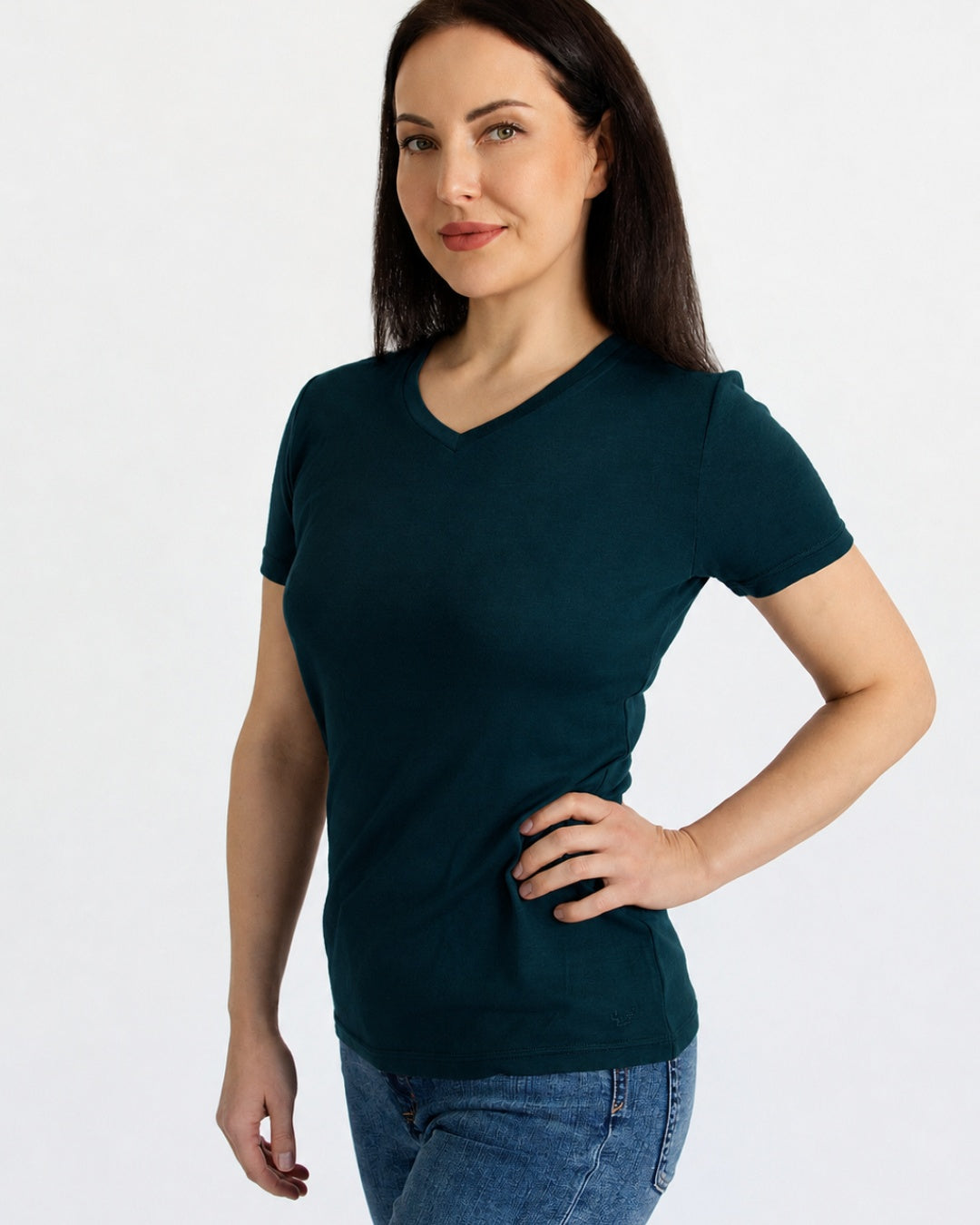 Women's V Neck T-Shirt - 100% Merino Wool, Pine