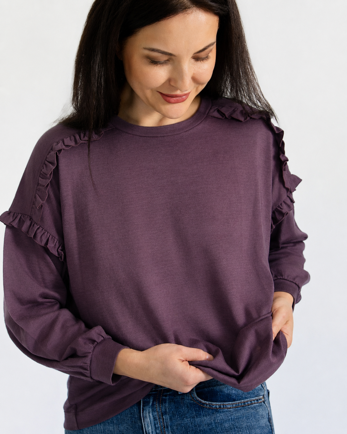 Women's Eden Frill Top - 100% Merino Wool, Plum