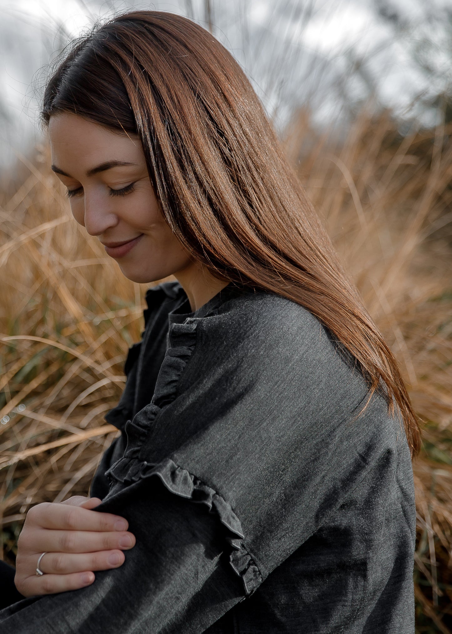 Women's Eden Frill Top - 100% Merino Wool, Slate Grey