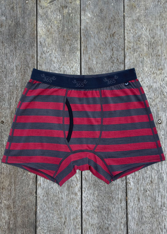Men's Boxer Brief - 100% Merino Wool, Red Charcoal Stripe