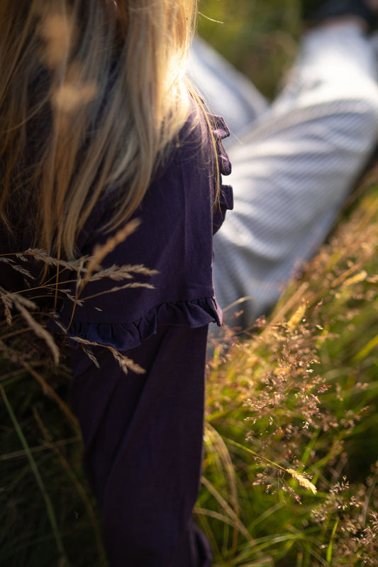 Women's Eden Frill Top - 100% Merino Wool, Violet Smoke
