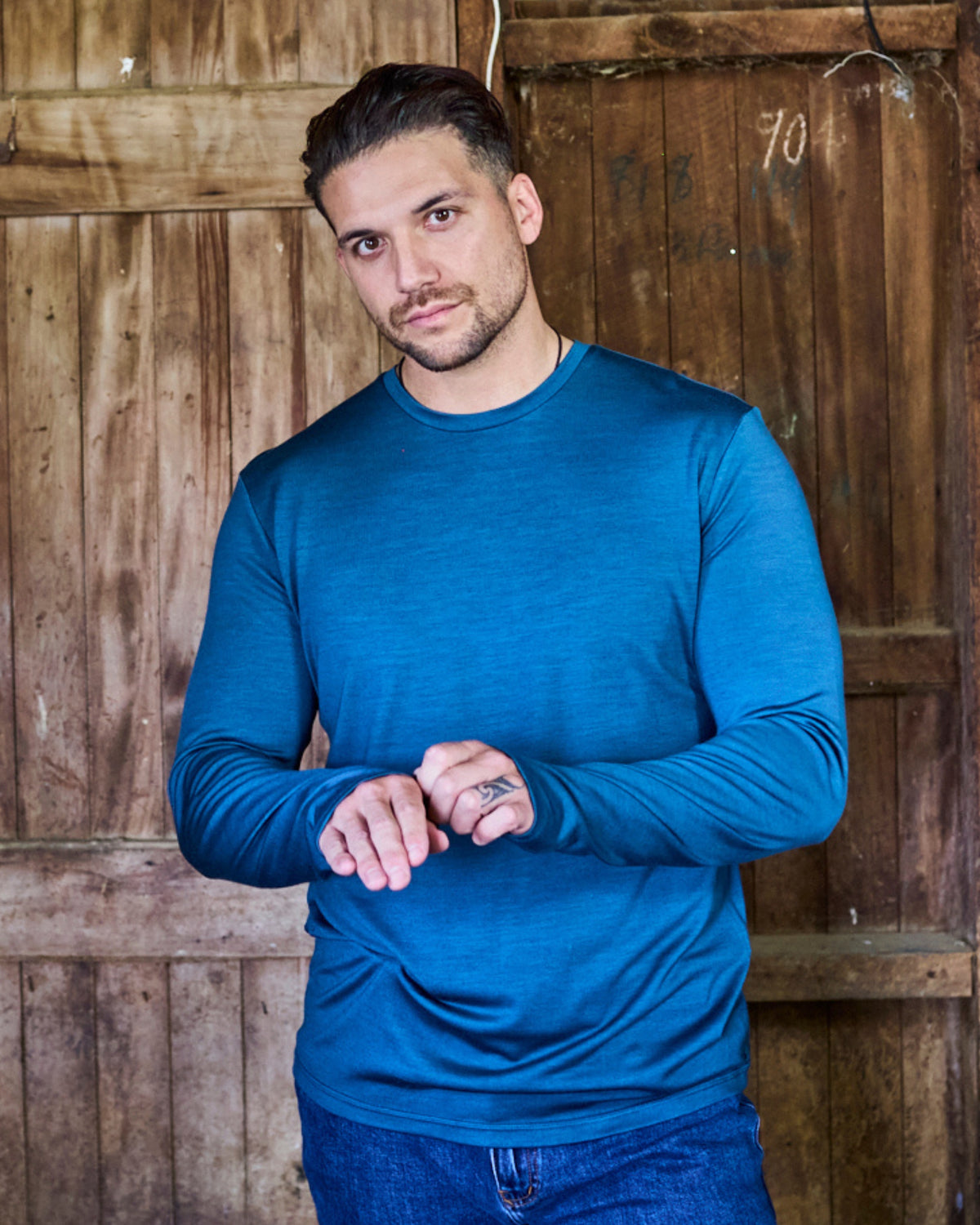 Close-up of Orion blue merino knit texture on Merino 365 OG Long Sleeve, showing fine-gauge weave detail.