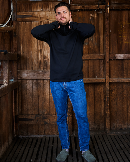 Men's 1/4 Zip Top - 100% Merino Wool, Black
