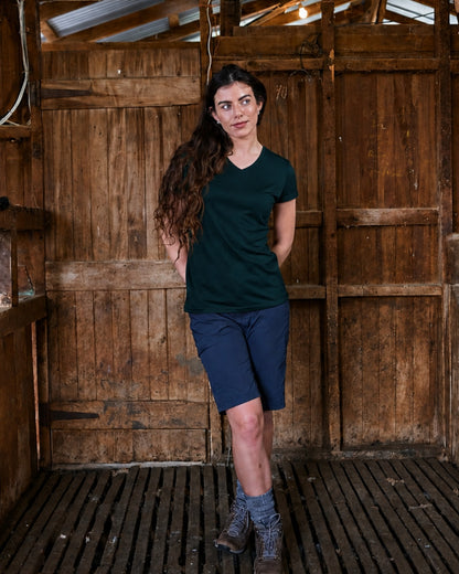 Women's V Neck T-Shirt - 100% Merino Wool, Pine