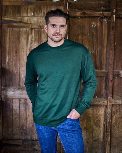 Men's Crew Sweatshirt - 100% Merino Wool, Pine Green