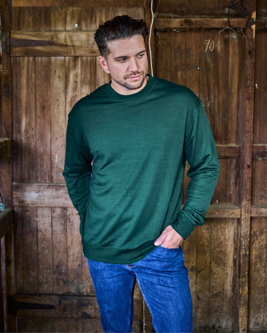 Men's Crew Sweatshirt - 100% Merino Wool, Pine Green