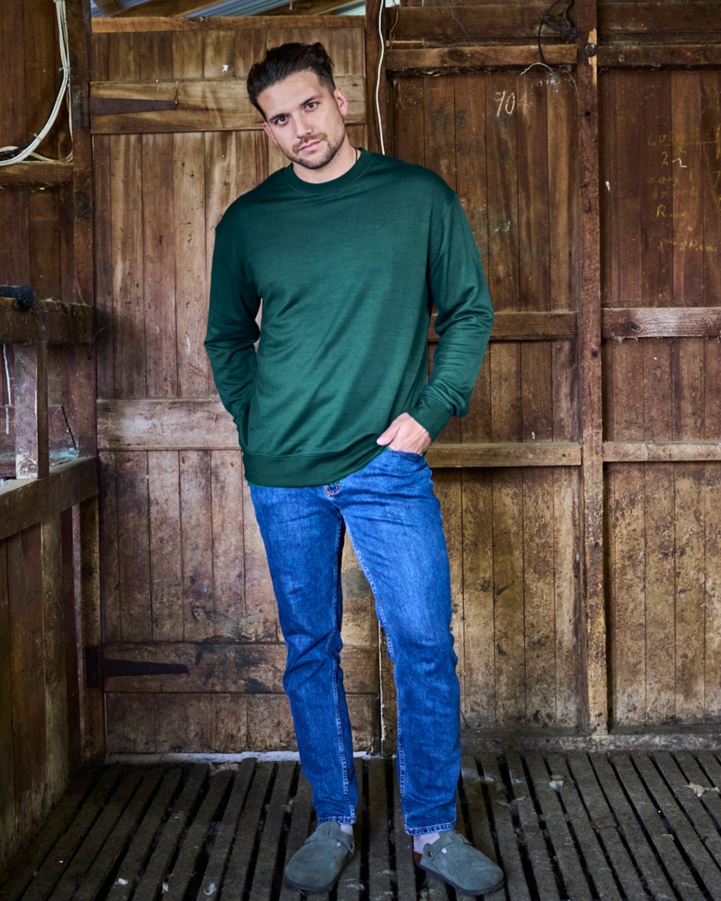 Men's Crew Sweatshirt - 100% Merino Wool, Pine Green