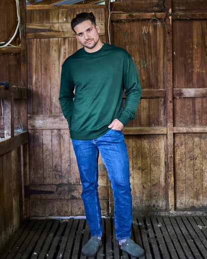Men's Crew Sweatshirt - 100% Merino Wool, Pine Green