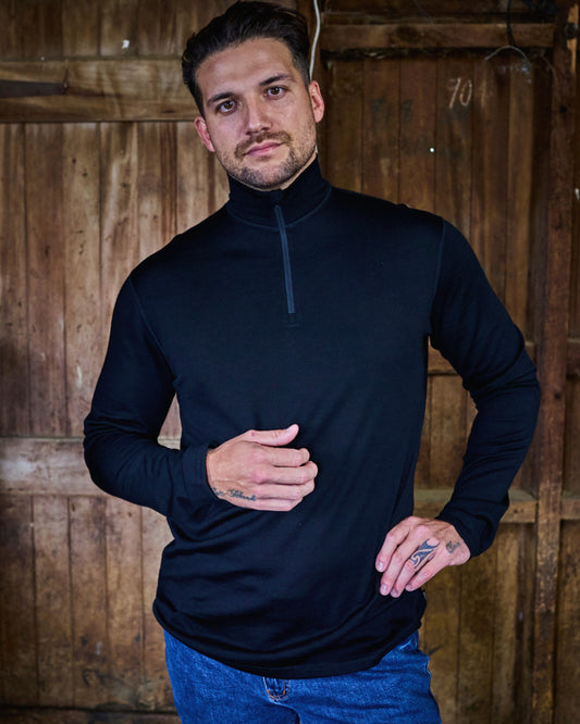 Men's 1/4 Zip Top - 100% Merino Wool, Black [PRE-ORDER: SHIPS NEXT WEEK]