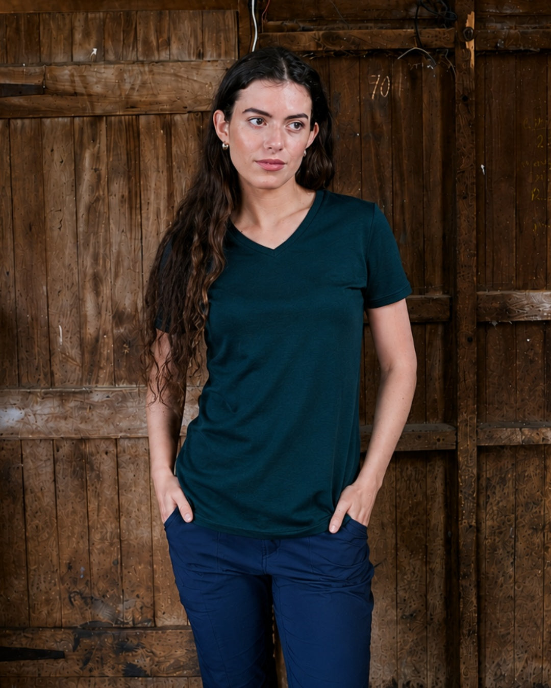 Women's V Neck T-Shirt - 100% Merino Wool, Pine
