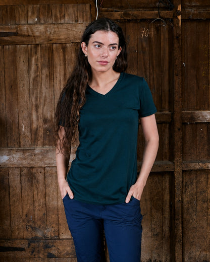 Women's V Neck T-Shirt - 100% Merino Wool, Pine