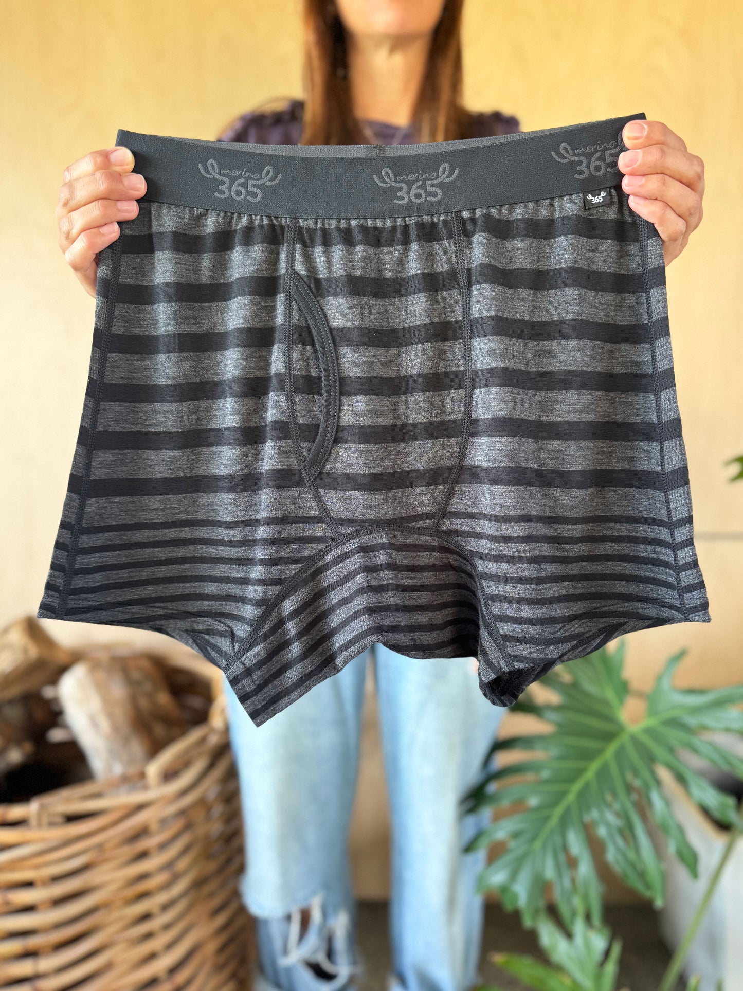 Men's Boxer Brief - 100% Merino Wool, Black Charcoal Stripe