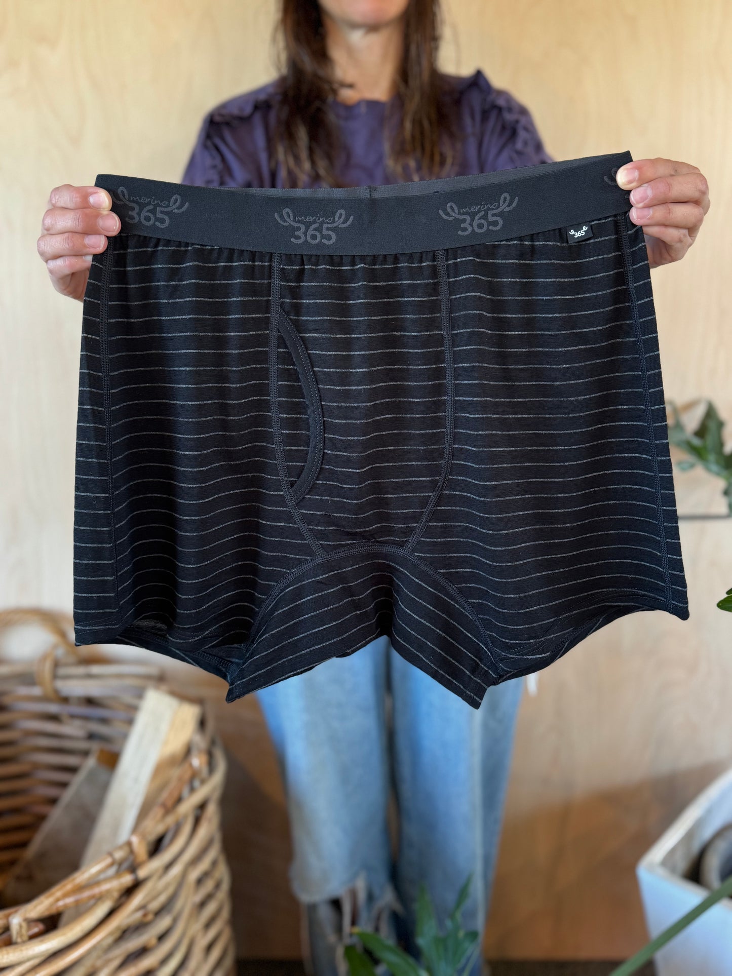 Men's Boxer Brief - 100% Merino Wool, Black/Silver Stripe