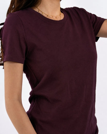 Women's Crew T-Shirt - 100% Merino Wool, Burgundy Marle