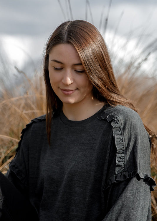 Women's Eden Frill Top - 100% Merino Wool, Slate Grey