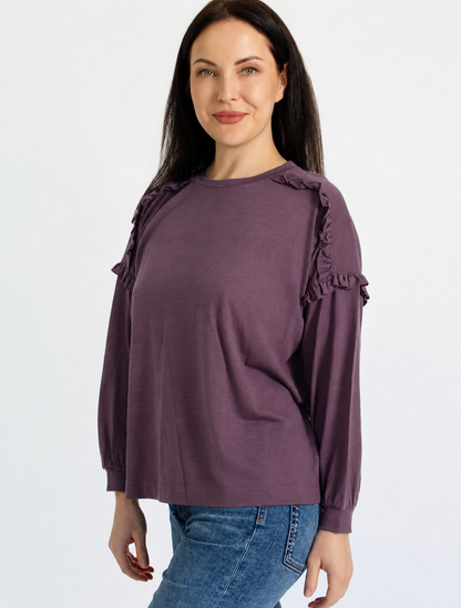 Women's Eden Frill Top - 100% Merino Wool, Plum