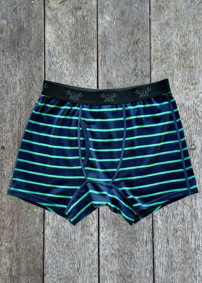 Ink green stripe merino boxer brief on wood — fitted cut, soft knit waistband, Merino 365