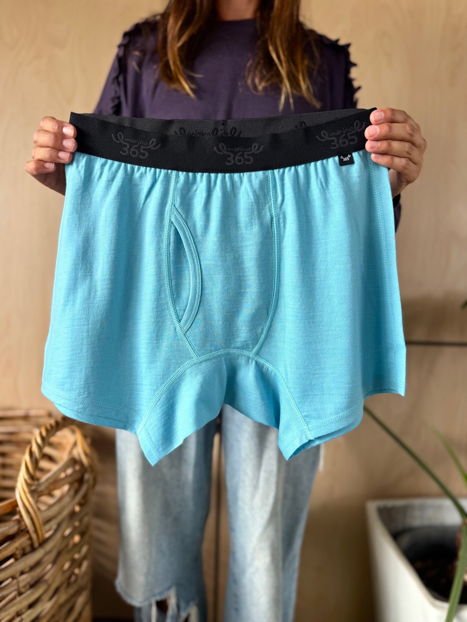 Lake blue merino boxer brief — fitted cut, soft knit fabric, elasticated waistband, Merino 365 men's underwear
