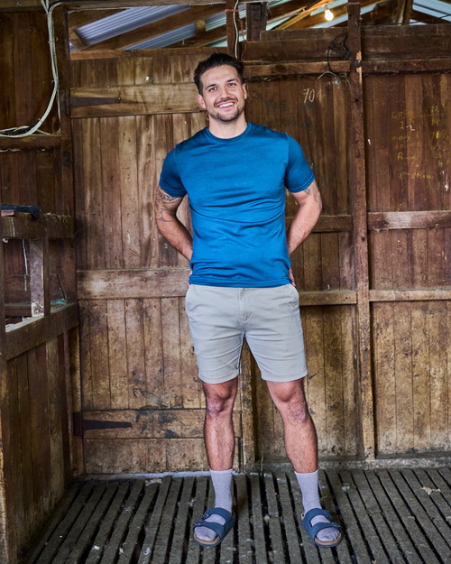 Orion blue merino crew-neck tee — short sleeve, fine-knit, clean minimal silhouette by Merino 365