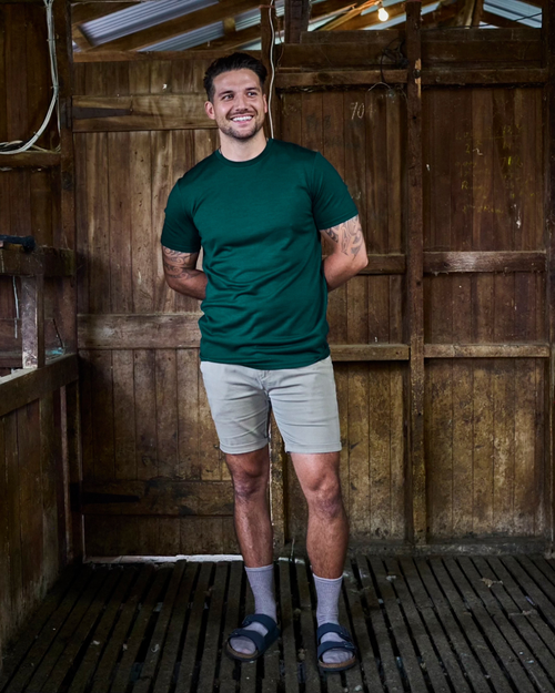 Pine green merino crew-neck tee — short sleeve, fine knit, clean minimalist cut by Merino 365