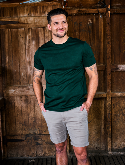 Men's Crew Short Sleeve T-shirt - 100% Merino Wool, Pine Green