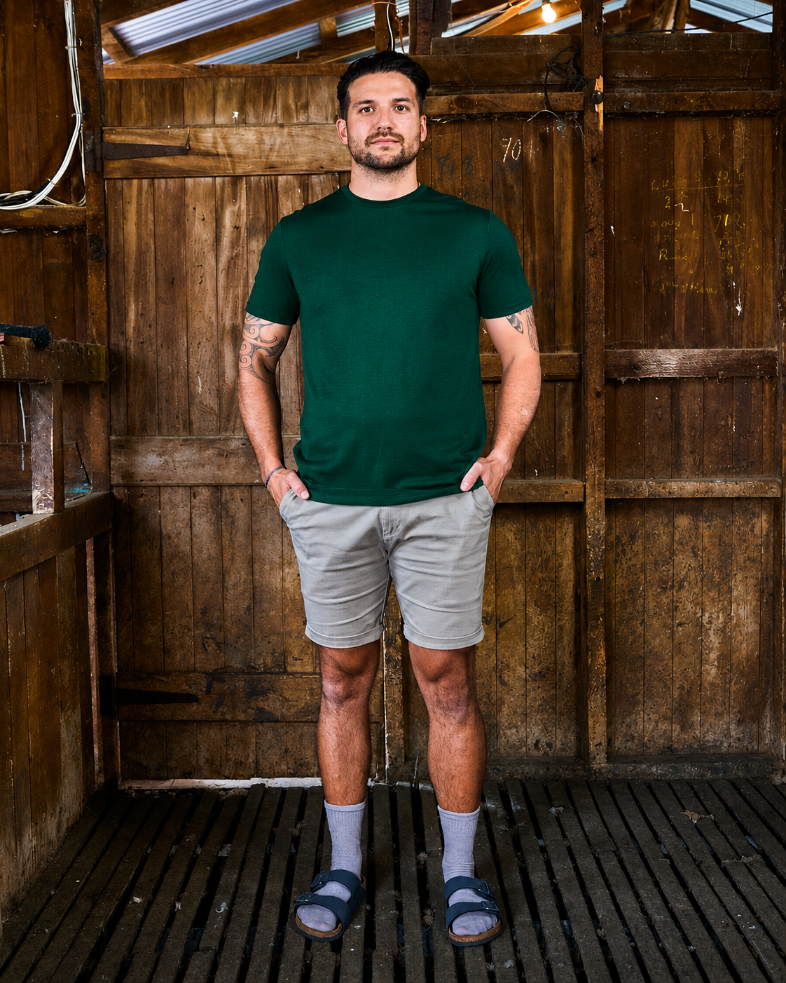 Men's Crew Short Sleeve T-shirt - 100% Merino Wool, Pine Green