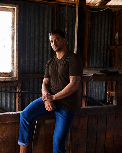 Men’s V-Neck T-shirt – 100% Merino Wool, Espresso [PREORDER]