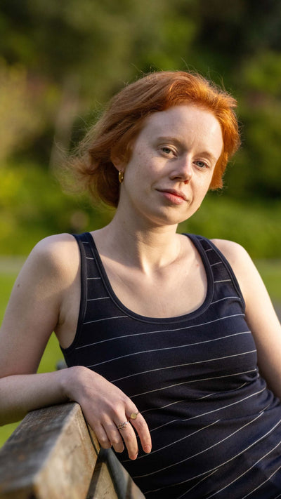 Women's Scoop Neck Tank Top - 100% Merino Wool, Navy Stripe