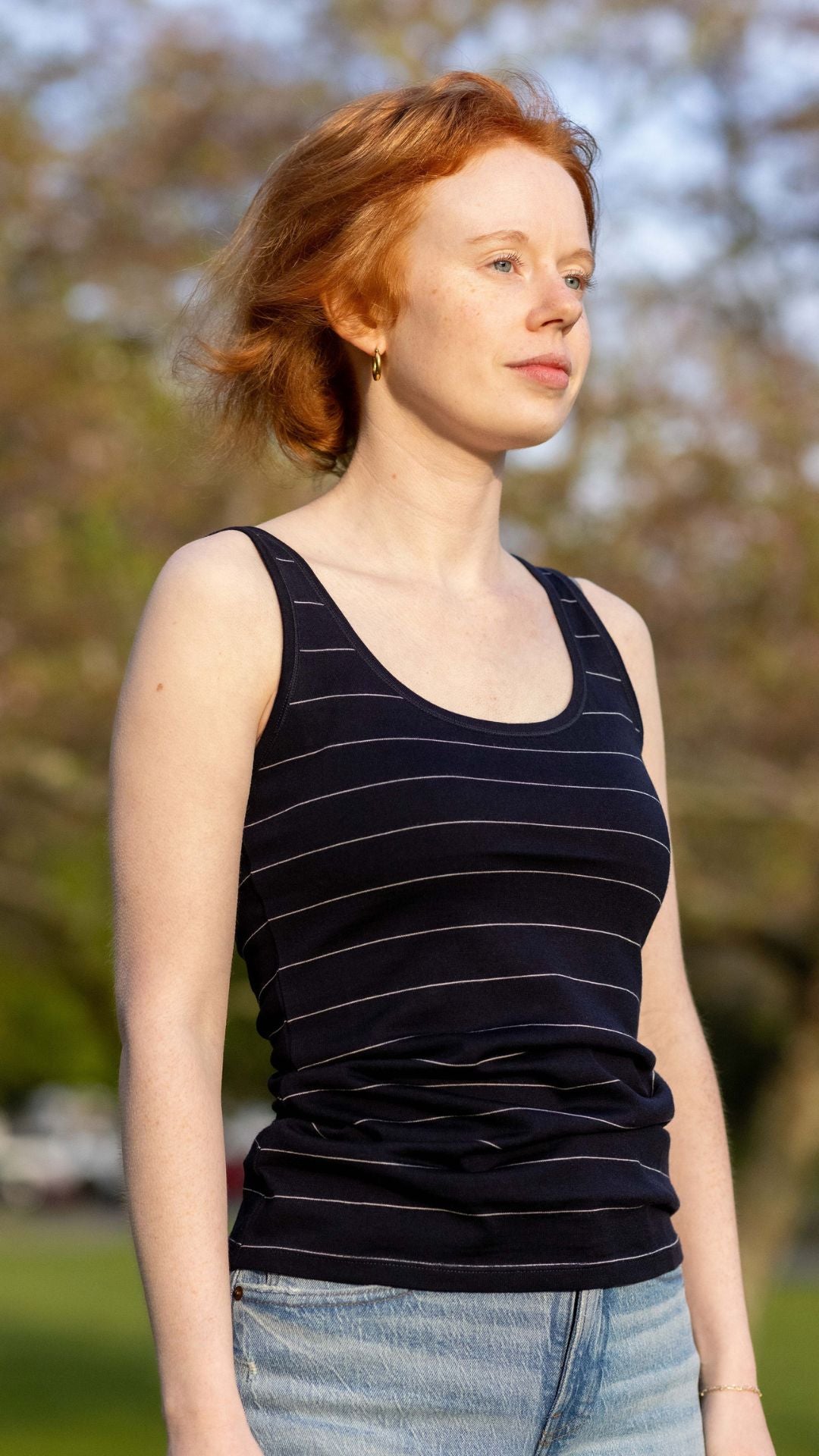 Women's Scoop Neck Tank Top - 100% Merino Wool, Navy Stripe