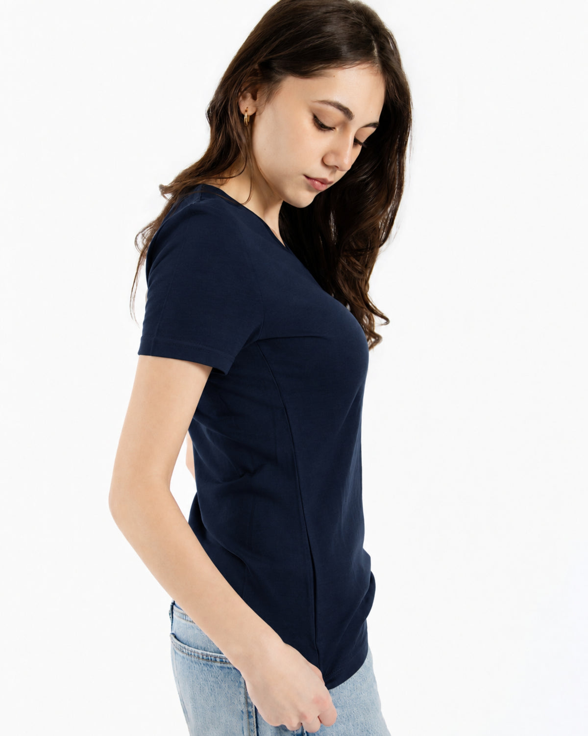 Women's V-Neck T-Shirt - 98% Merino Wool, Navy