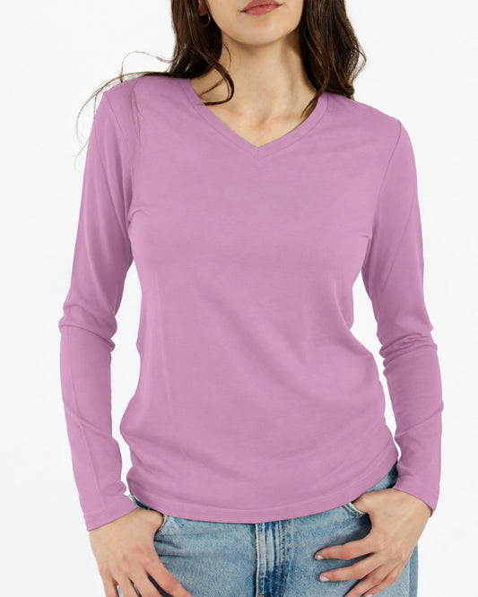 Women's V-Neck Long Sleeve - 100% Merino Wool, Orchid