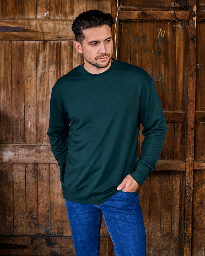 Men's Crew Sweatshirt - 100% Merino Wool, Pine Green