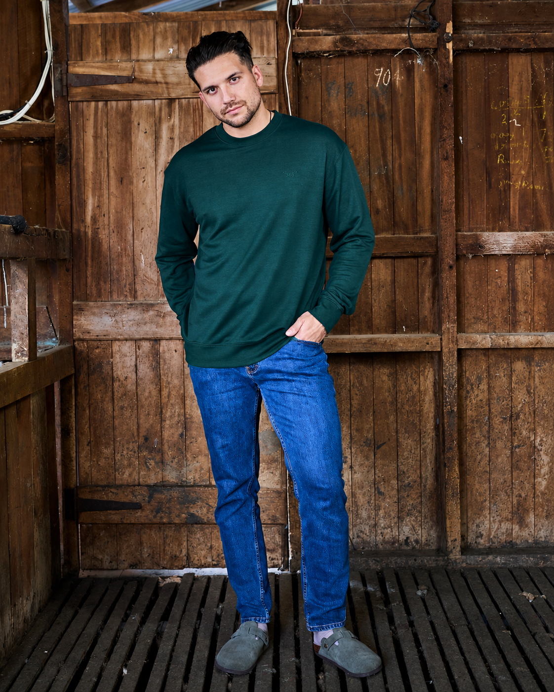 Men's Crew Sweatshirt - 100% Merino Wool, Pine Green