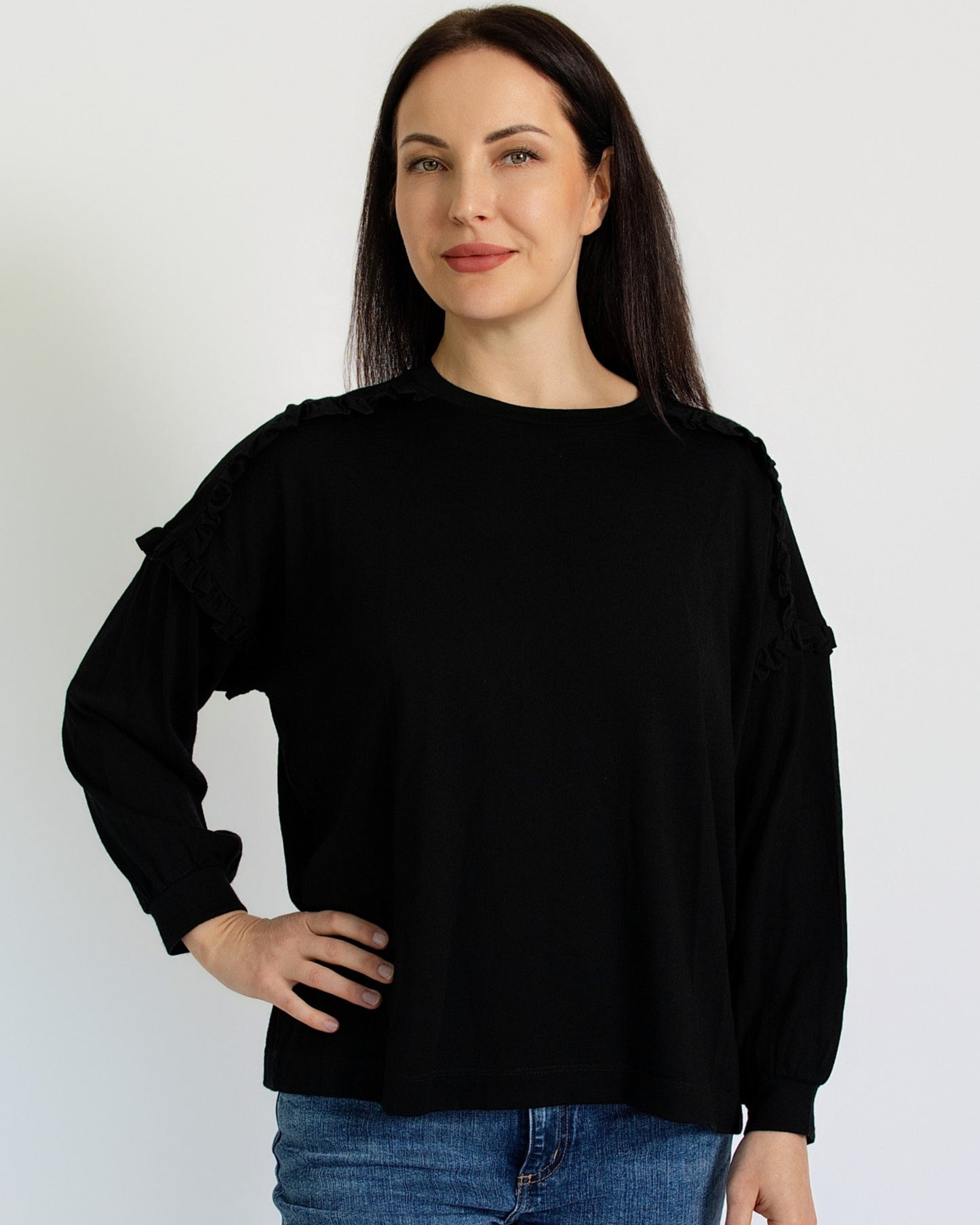 Women's Eden Frill Top - 100% Merino Wool, Black
