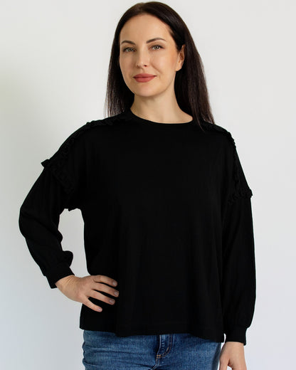Women's Eden Frill Top - 100% Merino Wool, Black
