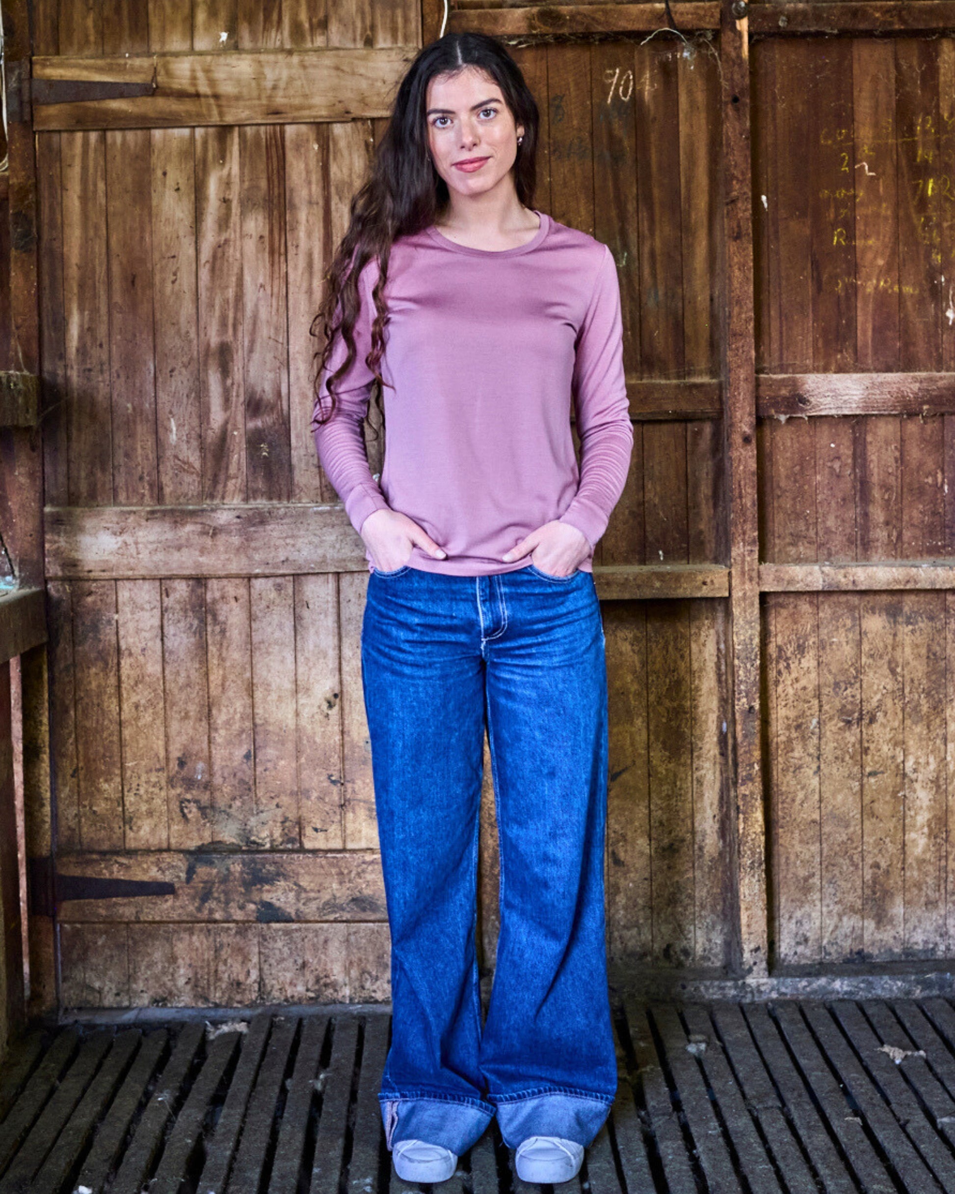 Rose pink merino wool long sleeve top with crew neckline — Merino 365 women's fitted knit in soft blush tone.