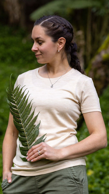 Women's Crew T-Shirt - 100% Merino Wool, Wheat Marle