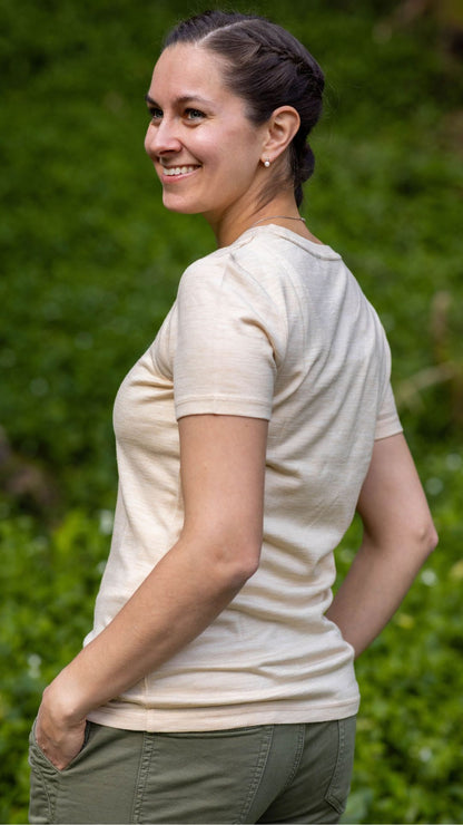 Women's Crew T-Shirt - 100% Merino Wool, Wheat Marle
