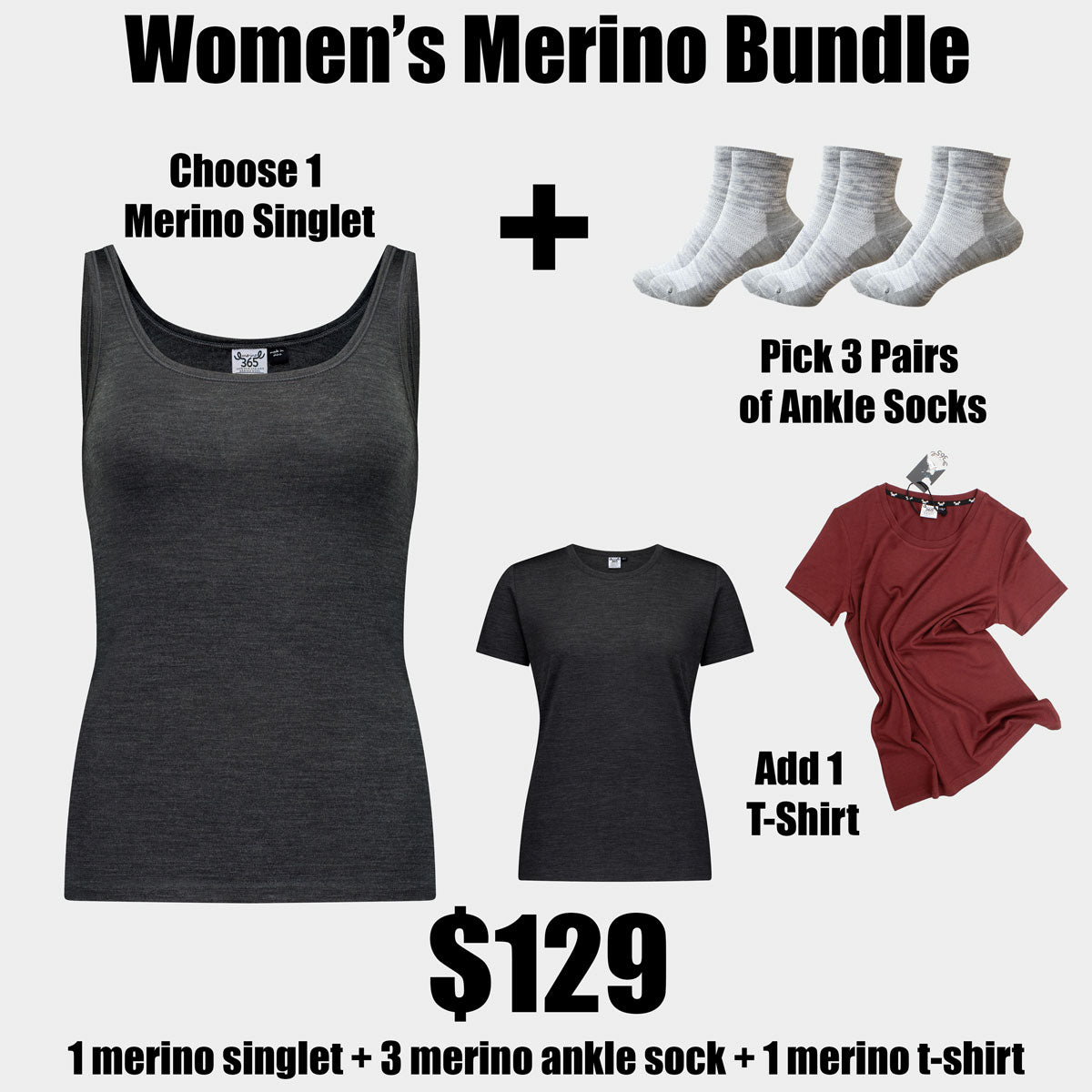 Women's Merino Singlet + Socks + T-shirt Bundle