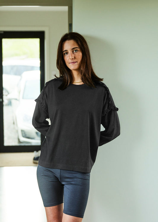 Women's Eden Frill Top - 100% Merino Wool, Iron Marle