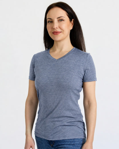 Women's V Neck T-Shirt - 100% Merino Wool, Blue Marle