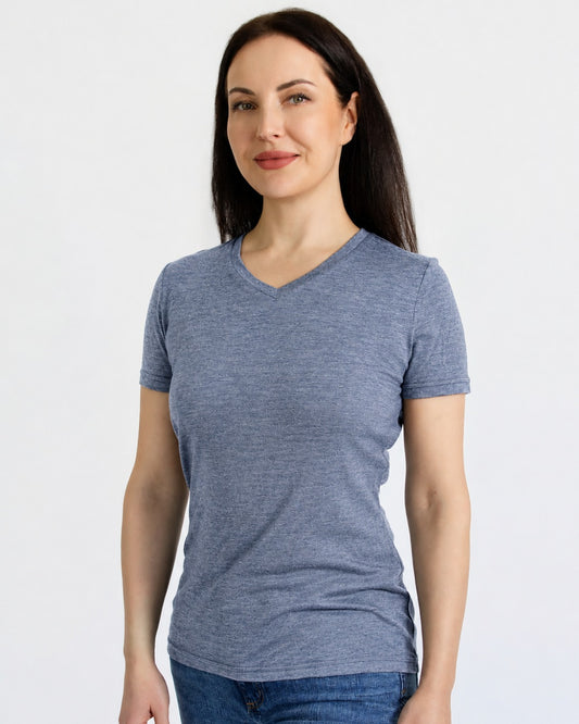 Women's V Neck T-Shirt - 100% Merino Wool, Blue Marle