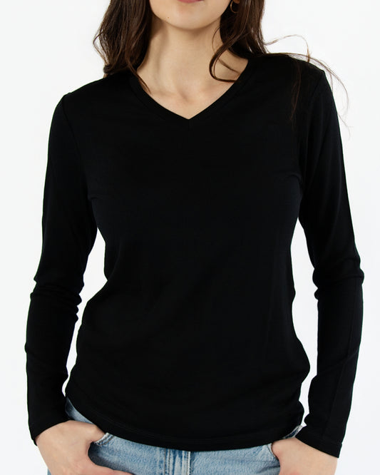 Women's V-Neck Longsleeve - 81% Merino Wool, Black